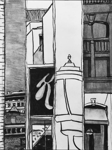 Union Square; 
charcoal on paper, 24 x 18"
